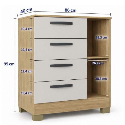 Cômoda 0,86m Damasco/off Ripado 4 Gavetas 1 Porta - Poquema