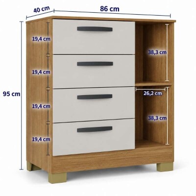 Cômoda 0,86m Cinamomo/Off 4 Gavetas 1 Porta - Poquema