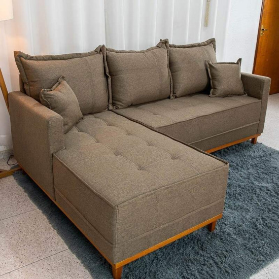 Sof� 3 Lugares Mil�o Chaise Lado Direito Linho Marrom 1007 Molas Ensacadas - 2,30m