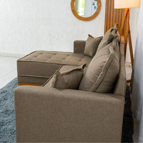 Sof� 3 Lugares Mil�o Chaise Lado Direito Linho Marrom 1007 Molas Ensacadas - 2,30m