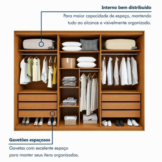 Guarda-roupa Casal 2,71m Suavit� Am�ndoa Clean/Off 6 Portas 6 gavetas - Lopas