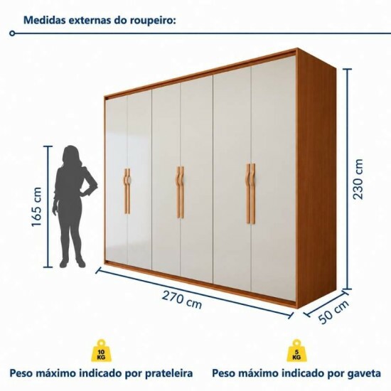 Guarda-roupa Casal 2,71m Suavit� Am�ndoa Clean/Off 6 Portas 6 gavetas - Lopas