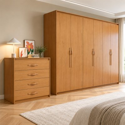 Guarda-roupa Casal 2,71m Suavit� Am�ndoa Clean 6 Portas 6 gavetas + C�moda 0,89m Suavit� Am�ndoa Clean 4 Gavetas - Lopas