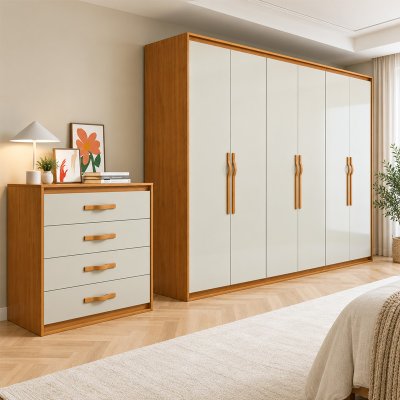 Guarda-roupa Casal 2,71m Suavit� Am�ndoa Clean/Off 6 Portas 6 gavetas + C�moda 0,89m Suavit� Am�ndoa Clean/Off 4 Gavetas - Lopas