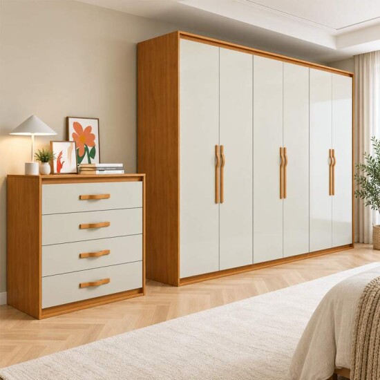 Guarda-roupa Casal 2,71m Suavit� Am�ndoa Clean/Off 6 Portas 6 gavetas + C�moda 0,89m Suavit� Am�ndoa Clean/Off 4 Gavetas - Lopas