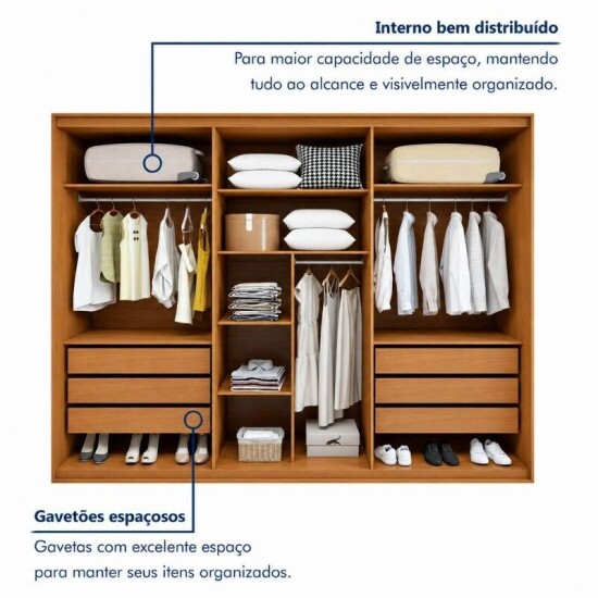 Guarda-roupa Casal 2,71m Suavit� Am�ndoa Clean/Off 6 Portas 6 gavetas + C�moda 0,89m Suavit� Am�ndoa Clean/Off 4 Gavetas - Lopas