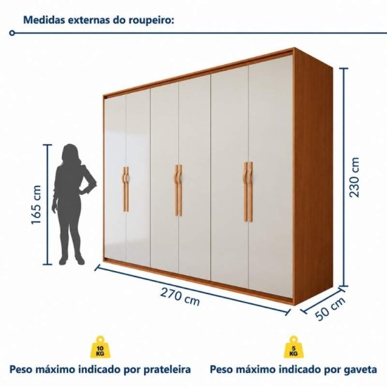Guarda-roupa Casal 2,71m Suavit� Am�ndoa Clean/Off 6 Portas 6 gavetas + C�moda 0,89m Suavit� Am�ndoa Clean/Off 4 Gavetas - Lopas