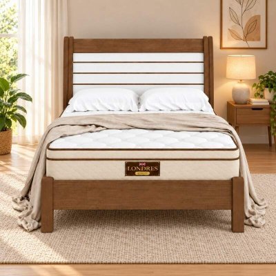 Cama Casal Esmeralda Plus Castanho/Off D Doro + Colch�o Casal Molas Ensacadas Londres Gazin 138x188x32 cm | Suporta at� 240kg