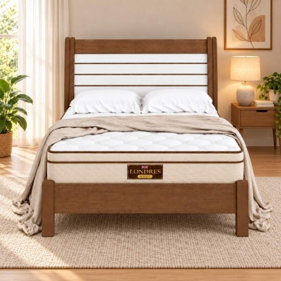 Cama Casal Esmeralda Plus Castanho/Off D Doro + Colch�o Casal Molas Ensacadas Londres Gazin 138x188x32 cm | Suporta at� 240kg