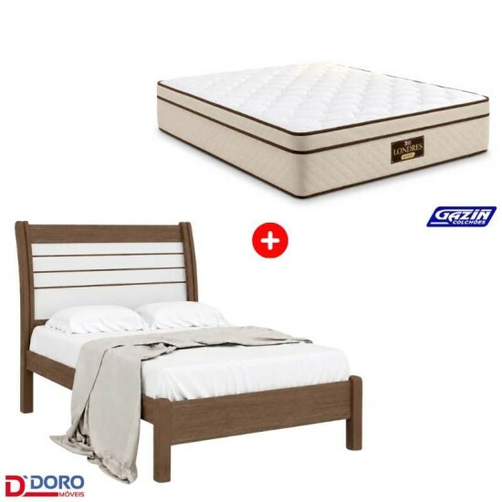 Cama Casal Esmeralda Plus Castanho/Off D Doro + Colch�o Casal Molas Ensacadas Londres Gazin 138x188x32 cm | Suporta at� 240kg