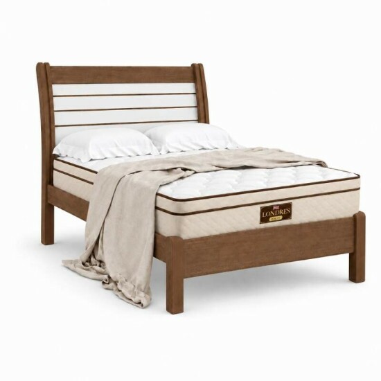 Cama Casal Esmeralda Plus Castanho/Off D Doro + Colch�o Casal Molas Ensacadas Londres Gazin 138x188x32 cm | Suporta at� 240kg