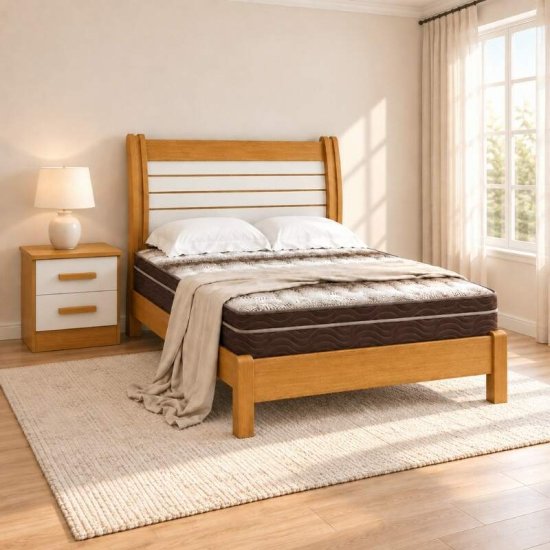 Cama Casal Esmeralda Plus Cinamomo/Off - D Doro + Mesa de Cabeceira New Athos Cinamomo/Off com 2 Gavetas - D Doro + Colch�o Casal Ortop�dico Light Ortobom 138x188x25 cm | Suporta at� 260kg