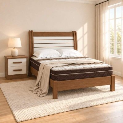 Cama Casal Esmeralda Plus Castanho/Off - D Doro + Mesa de Cabeceira New Athos Castanho/Off com 2 Gavetas - D Doro + Colch�o Casal Ortop�dico Light Ortobom 138x188x25 cm | Suporta at� 260kg