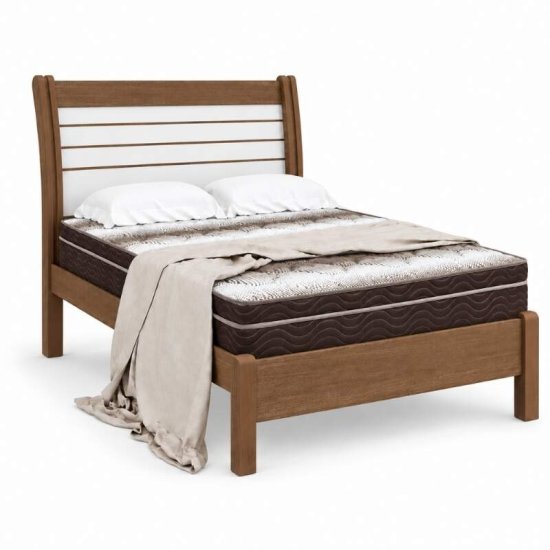 Cama Casal Esmeralda Plus Castanho/Off - D Doro + Mesa de Cabeceira New Athos Castanho/Off com 2 Gavetas - D Doro + Colch�o Casal Ortop�dico Light Ortobom 138x188x25 cm | Suporta at� 260kg