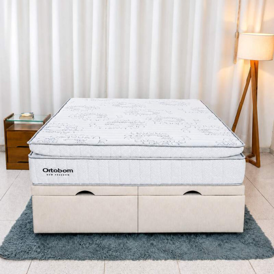 Colch�o Queen Molas Ensacadas New Freedom Ortobom + Base Box Ba� Queen Confort Linh�o Palha Blindado Issacar - 158x198x77