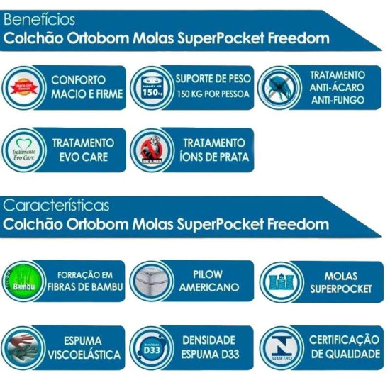 Colch�o Queen Molas Ensacadas New Freedom Ortobom 158x198x32 cm | Suporta at� 300kg