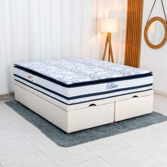 Colch�o Queen Molas Ensacadas Blue Paropas + Base Box Ba� Queen Confort Linh�o Palha Blindado Issacar - 158x198x77