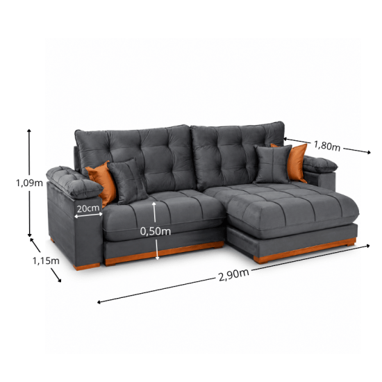Sof� Retr�til Reclin�vel Verona 2,90m Veludo Cinza 20 - Molas Ensacadas
