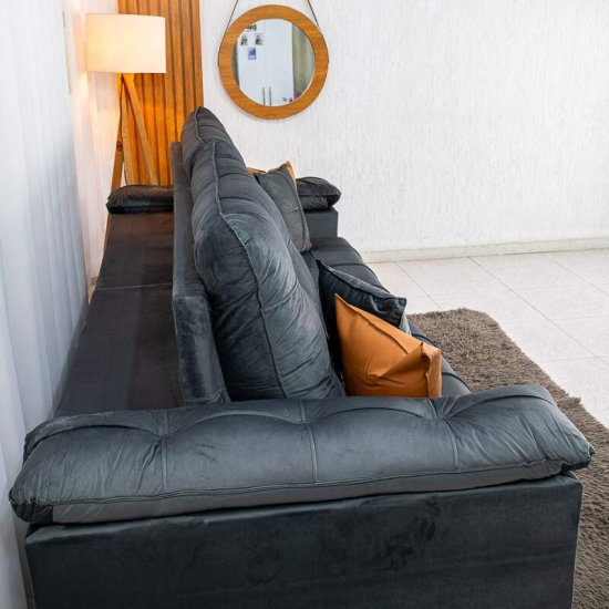 Sof� Retr�til Reclin�vel Verona 2,90m Veludo Cinza 20 - Molas Ensacadas
