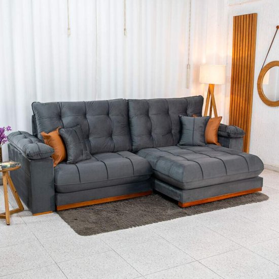 Sof� Retr�til Reclin�vel Verona 2,90m Veludo Cinza 20 - Molas Ensacadas