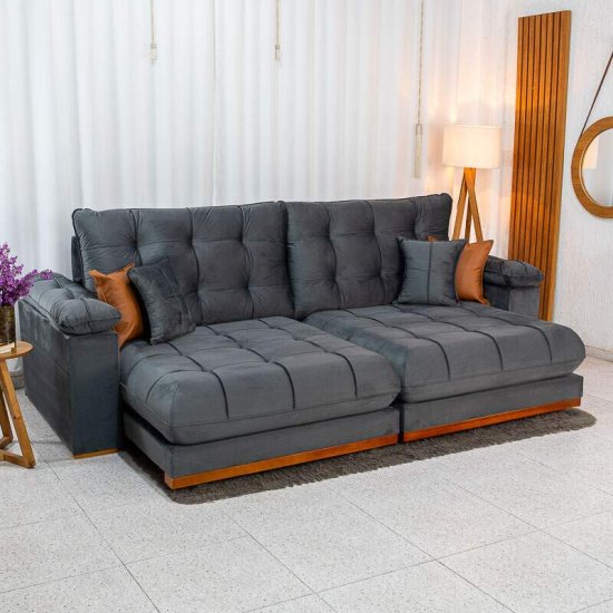 Sof� Retr�til Reclin�vel Verona 2,90m Veludo Cinza 20 - Molas Ensacadas