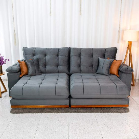 Sof� Retr�til Reclin�vel Verona 2,90m Veludo Cinza 20 - Molas Ensacadas