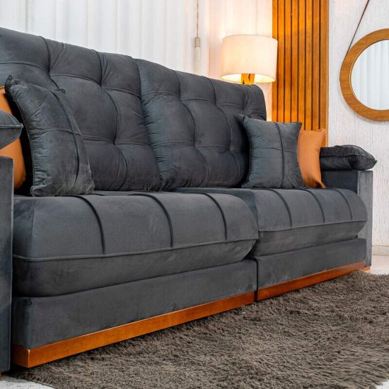 Sof� Retr�til Reclin�vel Verona 2,90m Veludo Cinza 20 - Molas Ensacadas
