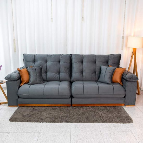Sof� Retr�til Reclin�vel Verona 2,90m Veludo Cinza 20 - Molas Ensacadas