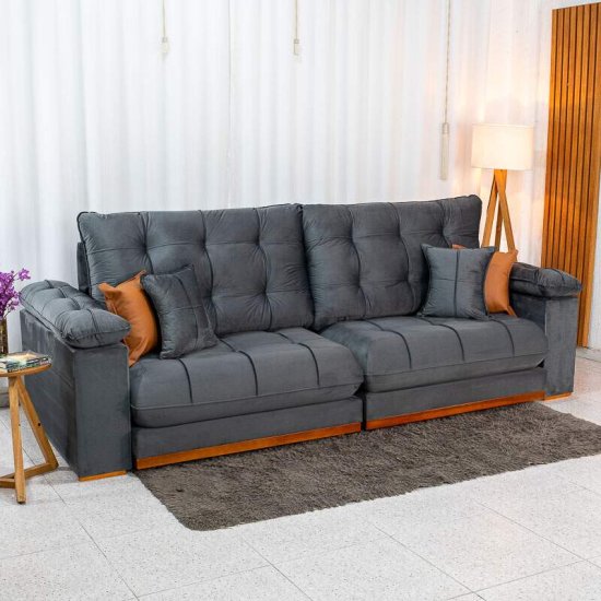 Sof� Retr�til Reclin�vel Verona 2,90m Veludo Cinza 20 - Molas Ensacadas