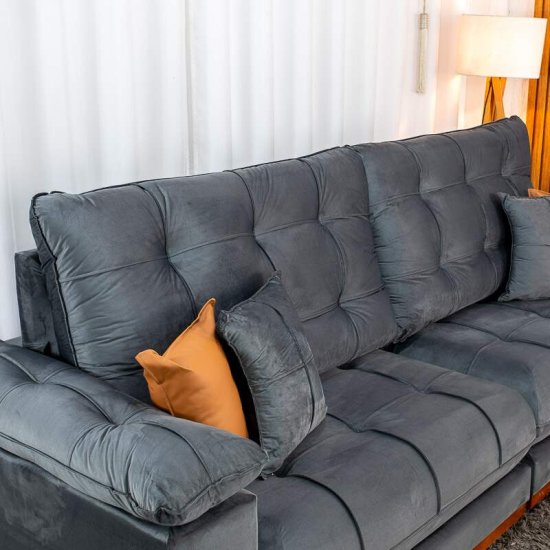 Sof� Retr�til Reclin�vel Verona 2,90m Veludo Cinza 20 - Molas Ensacadas