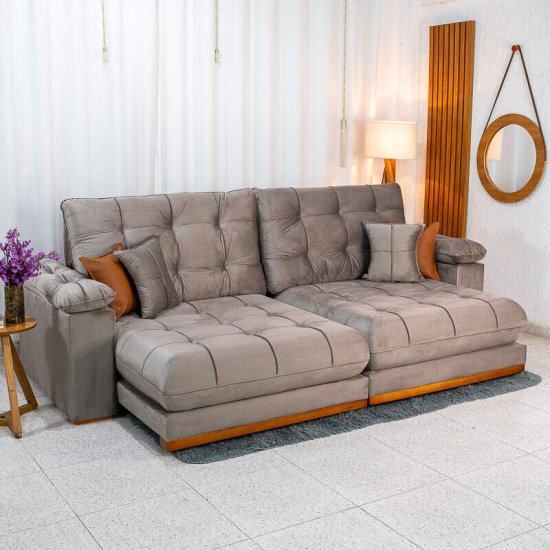 Sof� Retr�til Reclin�vel Verona 2,90m Veludo Capuccino 02 - Molas Ensacadas