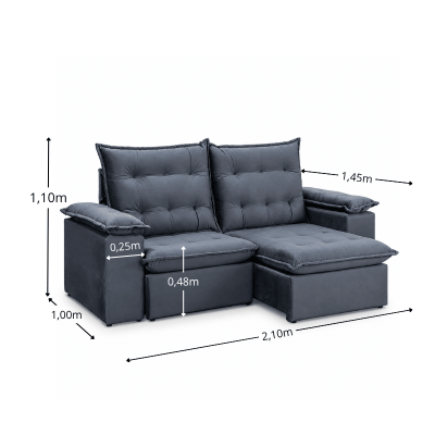 Sof� Retr�til Reclin�vel Lexus 2,10m Veludo Chumbo K038 - Molas Ensacadas