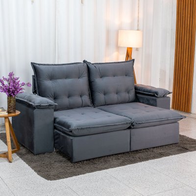 Sof� Retr�til Reclin�vel Lexus 2,10m Veludo Chumbo K038 - Molas Ensacadas