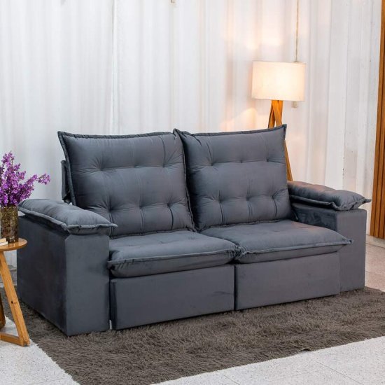 Sof� Retr�til Reclin�vel Lexus 2,10m Veludo Chumbo K038 - Molas Ensacadas