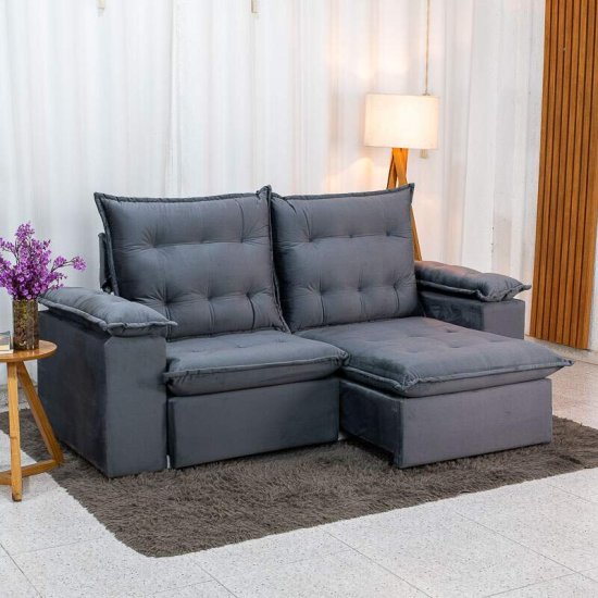 Sof� Retr�til Reclin�vel Lexus 2,10m Veludo Chumbo K038 - Molas Ensacadas