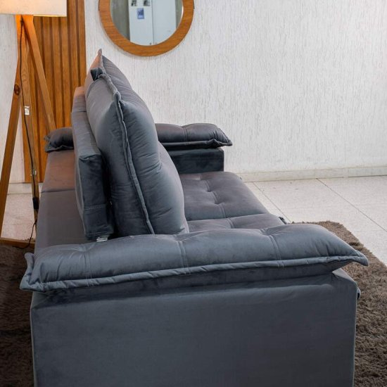 Sof� Retr�til Reclin�vel Lexus 2,10m Veludo Chumbo K038 - Molas Ensacadas