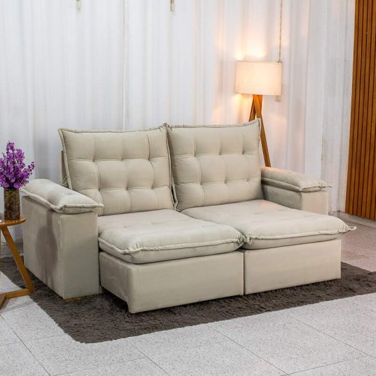 Sof� Retr�til Reclin�vel Lexus 2,10m Veludo Bege K045 - Molas Ensacadas
