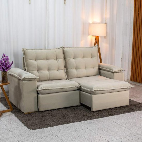 Sof� Retr�til Reclin�vel Lexus 2,10m Veludo Bege K045 - Molas Ensacadas