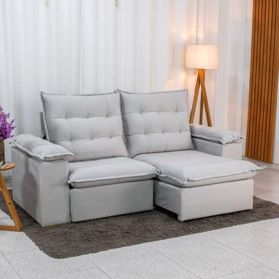 Sof� Retr�til Reclin�vel Lexus 2,10m Veludo Cinza K043 - Molas Ensacadas