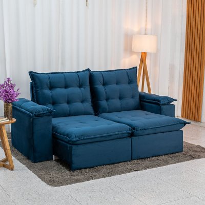 Sof� Retr�til Reclin�vel Lexus 2,10m Veludo Azul K032 - Molas Ensacadas