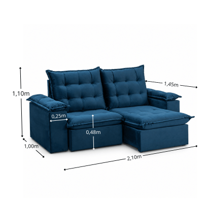 Sof� Retr�til Reclin�vel Lexus 2,10m Veludo Azul K032 - Molas Ensacadas
