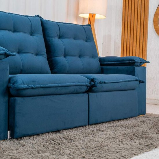 Sof� Retr�til Reclin�vel Lexus 2,10m Veludo Azul K032 - Molas Ensacadas