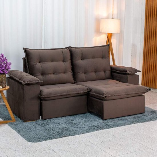 Sof� Retr�til Reclin�vel Lexus 2,10m Veludo Marrom D4461 - Molas Ensacadas