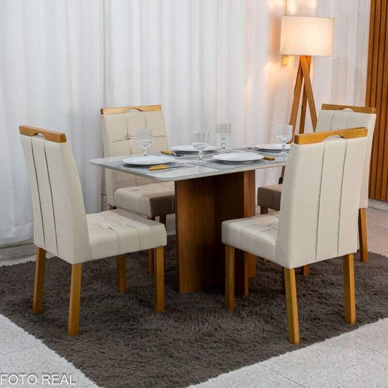 Mesa de Jantar Moscou 120x80 Vidro Off Base Cinamomo Minas Plac + 4 Cadeiras Sophia Linho Bege 200 Estrutura Madeira WM Decor - Entregue Montada
