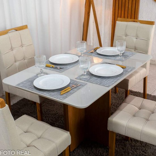 Mesa de Jantar Moscou 120x80 Vidro Off Base Cinamomo Minas Plac + 4 Cadeiras Sophia Linho Bege 200 Estrutura Madeira WM Decor - Entregue Montada