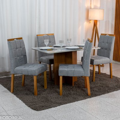 Mesa de Jantar Moscou 120x80 Vidro Off Base Cinamomo Minas Plac + 4 Cadeiras Sophia Linho Cinza 206 Estrutura Madeira WM Decor - Entregue Montada