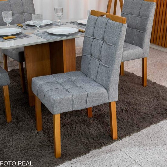 Mesa de Jantar Moscou 120x80 Vidro Off Base Cinamomo Minas Plac + 4 Cadeiras Sophia Linho Cinza 206 Estrutura Madeira WM Decor - Entregue Montada