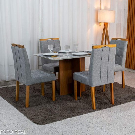 Mesa de Jantar Moscou 120x80 Vidro Off Base Cinamomo Minas Plac + 4 Cadeiras Sophia Linho Cinza 206 Estrutura Madeira WM Decor - Entregue Montada