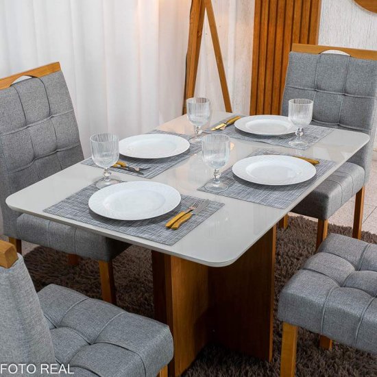 Mesa de Jantar Moscou 120x80 Vidro Off Base Cinamomo Minas Plac + 4 Cadeiras Sophia Linho Cinza 206 Estrutura Madeira WM Decor - Entregue Montada
