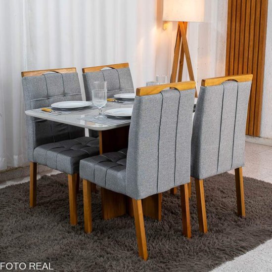 Mesa de Jantar Moscou 120x80 Vidro Off Base Cinamomo Minas Plac + 4 Cadeiras Sophia Linho Cinza 206 Estrutura Madeira WM Decor - Entregue Montada